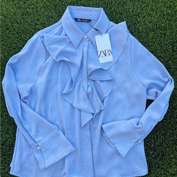 Zara Elegant Light Blue Ruffled Women's Top With Jewel Buttons - Picture 2 of 6